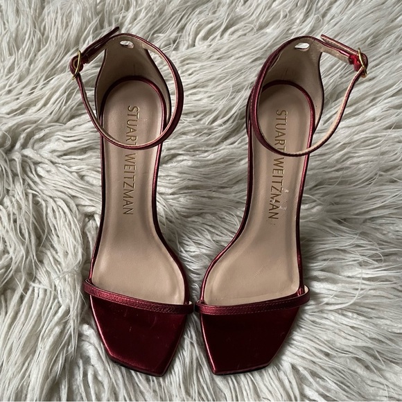 Stuart Weitzman Metallic Red Leather Nudistcurve 100mm Heeled Strap Sandal Sz 9 - Picture 7 of 12